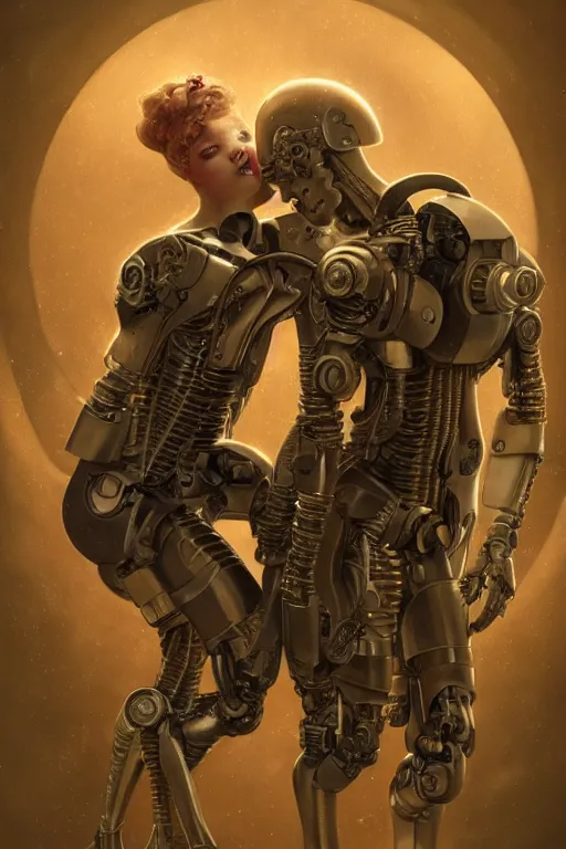 Prompt: a beautiful ultradetailed vintage photo of two cyborgs butting heads, by tom bagshaw and anna dittman, couples portrait, vignette, 3 5 mm lens, golden ratio composition, detailed faces, studio photography, very detailed, humanoids, industrial robots, artstation, 8 k, highly coherent