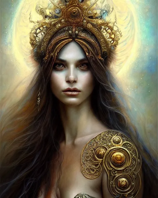 Image similar to portrait of a beautiful celestial goddess, unusual beauty, esoteric, muted colors, head in focus, fantasy art, ornamental aesthetics intricate, elegant, highly detailed, hyperrealistic painting, artstation, concept art, painterly, sharp focus, illustration, art by lois royo