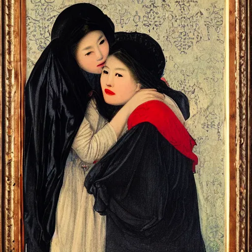 Image similar to Woman holding another woman, arm around her neck, she is Korean, the other black, both have red lips, wearing a veil, Pre-Raphaelite style