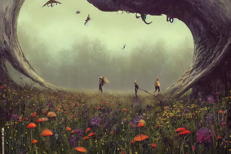 Prompt: surreal painting by greg rutkowski and enki bilal!!, garden wild flowers + poison toxic mushrooms + long grass + garden dwarfs + giant fly + mystic fog, 8 0's vintage sci - fi style, rule of third!!!!, cinematic, 8 k, super detailed, high quality