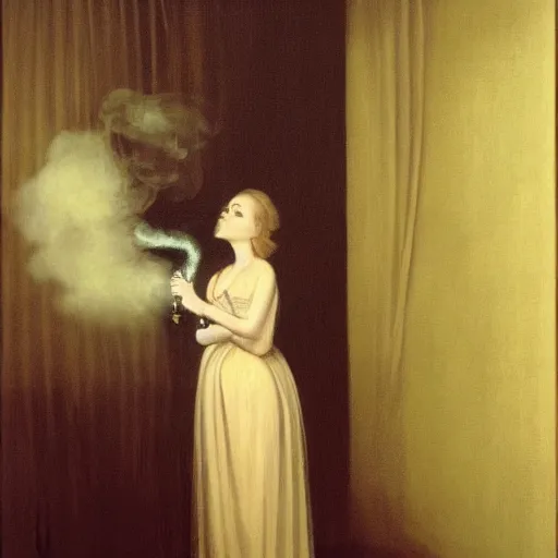 Image similar to a woman smoking a cigarette in a dark room, a portrait by nicholas hilliard, screenshot by martin scorsese, photorealistic painting by jerry weiss, aestheticism, goth, dark and mysterious, filmic, a photorealistic painting by jerry weiss, shutterstock tumblr contest winner, naturalism, behance hd, shutterstock contest winner