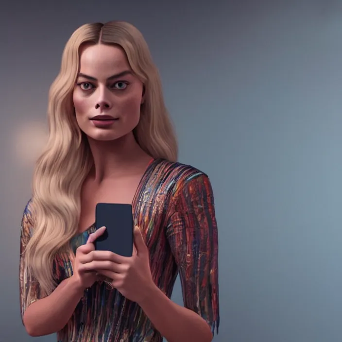 Image similar to margot robbie, holding iphone. very coherent symmetrical artwork. cinematic, high detail, octane render, 8 k, iridescent accents