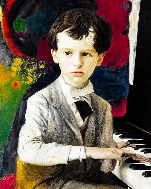 Image similar to portrait of a child piano player in tuxedo painted by vincent lefevre and hernan bas and pablo amaringo and pat steir and hilma af klint, psychological, photorealistic, dripping paint, washy brush, rendered in octane, altermodern, masterpiece