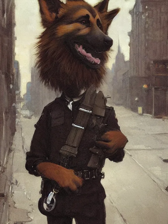 Image similar to new york city portrait of furry anthro anthropomorphic german shepard head animal person fursona wearing clothes nypd traditional police uniform in the alley, sunny day, digital art by Nerdrum John, William Waterhouse, Winslow Homer, Alex Heywood, Jordan Grimmer, Darren Quach, Greg Rutkowski, Simon Stalenhag, trending on Artstation, CGSociety