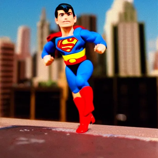 Prompt: toy photography. Superman action figure against a city backdrop running directly at the camera. 1992. Cover of Nintendo Power