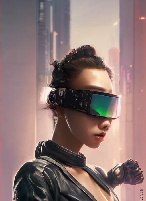 Prompt: beautiful Korean fashion model Cyberpunk female character with futuristic sunglasses, cyberpunk 2077, sci-fi, intricate, elegant, highly detailed, digital painting, artstation, concept art, smooth, sharp focus, illustration, art by artgerm and greg rutkowski