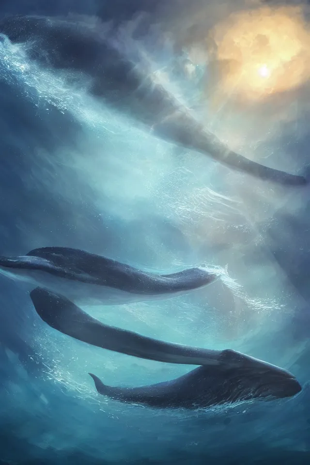 Image similar to a concept scene illustration depicting a blue whale at the bottom of the azure sea, with a crystal texture and a dreamy atmosphere ， super wide angle ， matte painting ， rtx on ， trending on cgsociety and artstation ，