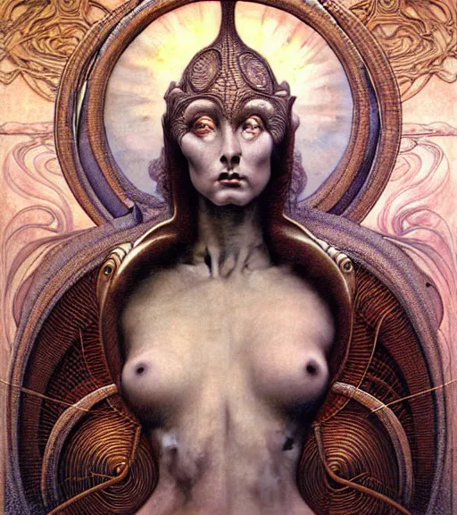 Image similar to detailed realistic beautiful young cher alien robot as queen of mars face portrait by jean delville, gustave dore and marco mazzoni, art nouveau, symbolist, visionary, gothic, pre - raphaelite. horizontal symmetry by zdzisław beksinski, iris van herpen, raymond swanland and alphonse mucha. highly detailed, hyper - real, beautiful