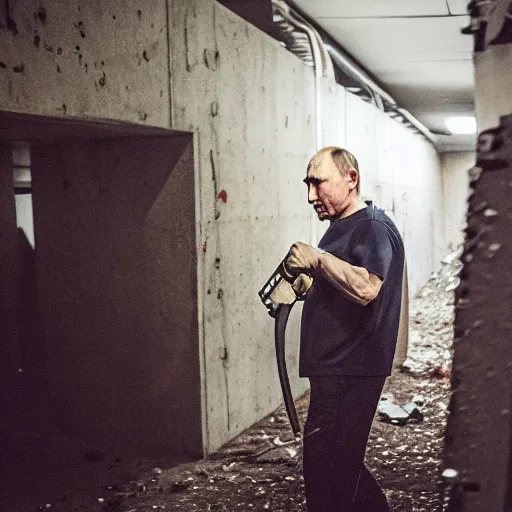 Image similar to putin with a chainsaw. in a concrete bunker with a pile of corpses. focus on putins face with blood splatters. canon eos r 3, f / 1. 4, iso 1 6 0 0, 1 / 8 0 s, 8 k, raw, grainy