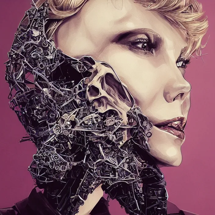 Image similar to portrait of charlize theron as a skull in a suit. intricate abstract. intricate artwork. nightmare fuel. by Tooth Wu, wlop, beeple, dan mumford. octane render, trending on artstation, greg rutkowski very coherent symmetrical artwork. cinematic, hyper realism, high detail, octane render, 8k, iridescent accents