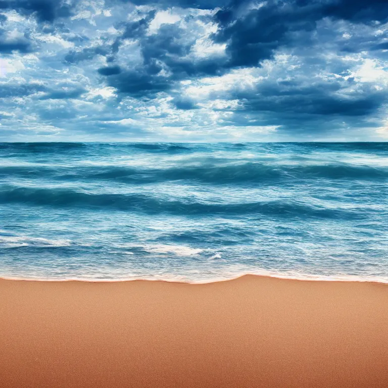 Image similar to surreal hyperrealistic photograph of a beach, shot toward the ocean