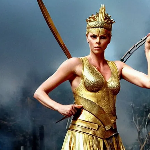 Image similar to charlize theron as the greek goddess athena, in battle, scene from live action movie