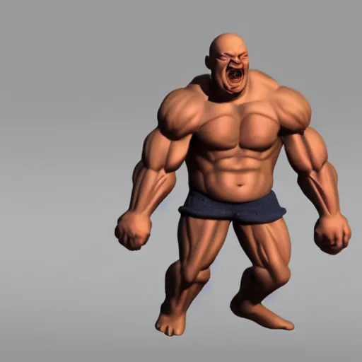 Image similar to extremely muscular bald man, small legs, exaggerated arms, 3 d model, gladiator, small head.