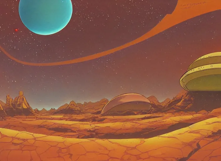 Image similar to 1 9 8 0 s science fiction anime background painting of a desert alien planet