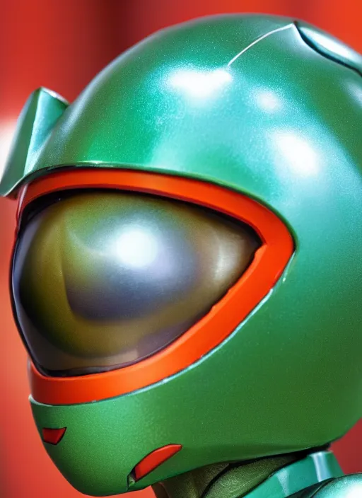 Image similar to helmet portrait of a figurine of samus aran's varia power suit from the sci - fi nintendo videogame metroid. designed by hiroji kiyotake. glossy. red round helmet, orange shoulder pads, green visor. shallow depth of field. suit of armor.