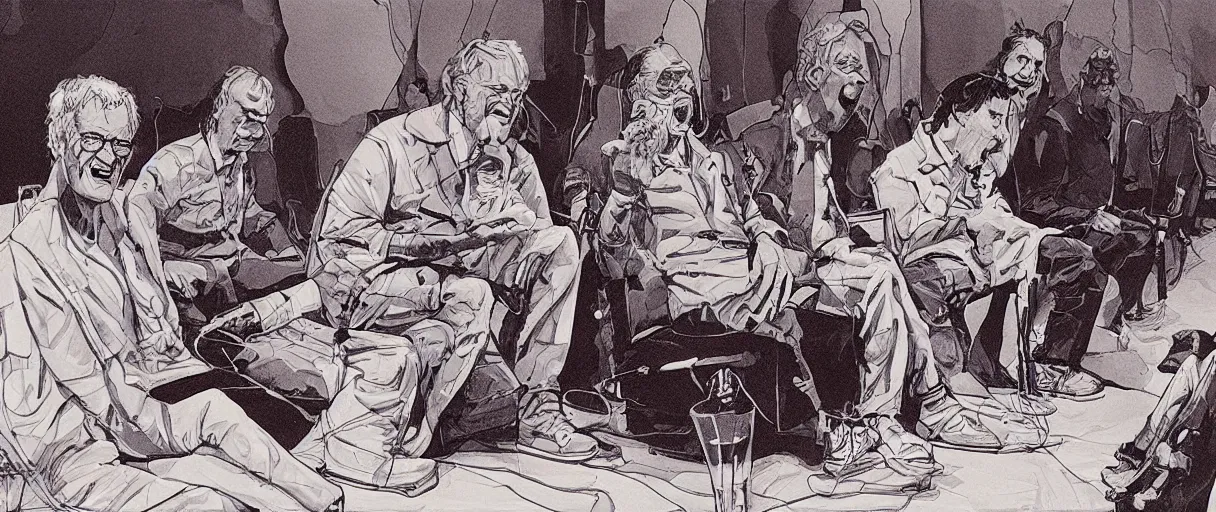 Prompt: an awesome jean giraud digital art masterpiece of timothy leary laughing while sitting cross - legged on a pillow and giving a talk to a small audience