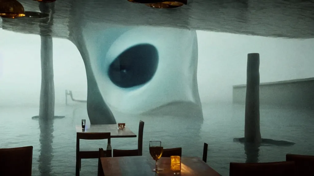 Image similar to the giant nose in the restaurant, made of water, film still from the movie directed by Denis Villeneuve with art direction by Salvador Dalí, wide lens