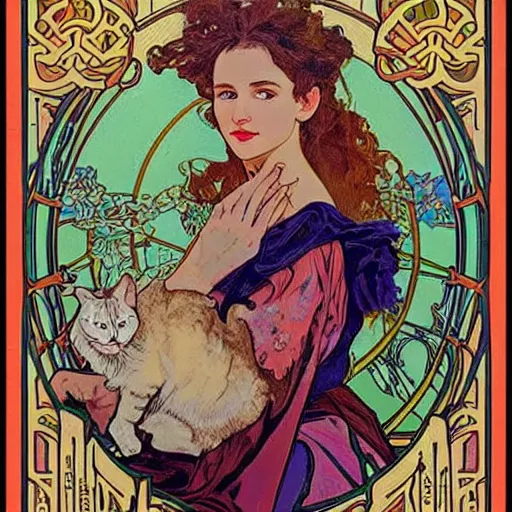 Prompt: Caucasian fortune teller lady with curly hair, with cats on her side, a spread of tarot cards on a table, in a colorful tent, Alphonse Mucha, art nouveau style, full poster ,