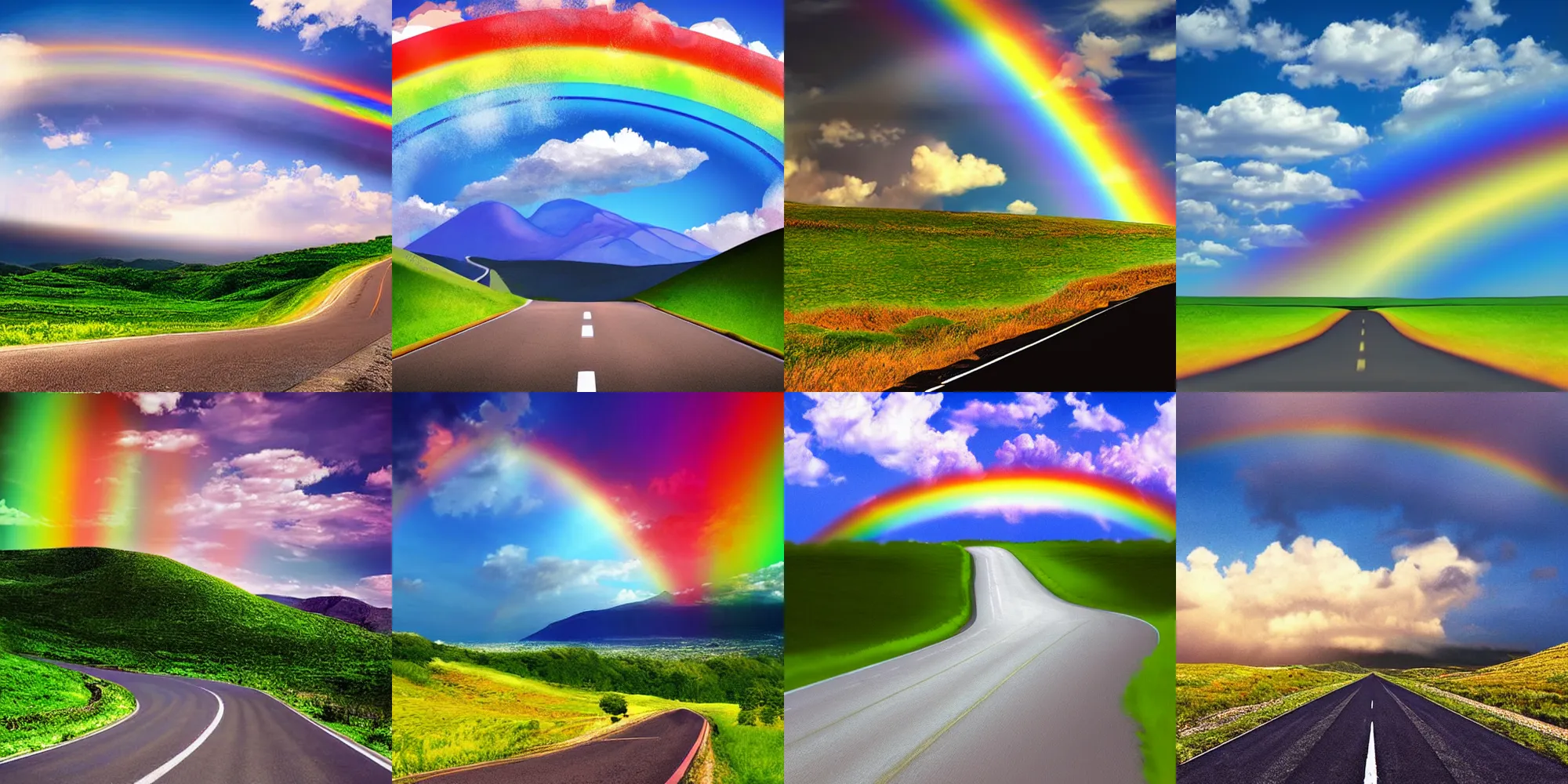 Prompt: landscape sunny sky with clouds, road over hill with rainbow in background, cinematic digital art