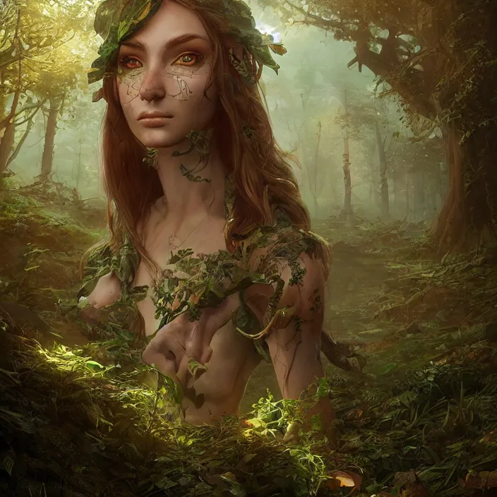 Image similar to intricate detailed portrait of a fantasy female elf on a beautiful forest meadow, temple ruins surrounded by lush forest, morning, art by Aykut Aydogdu and Tyler Edlin, Artgerm, atmospheric lighting, octane render, substance painter, iridescent accents