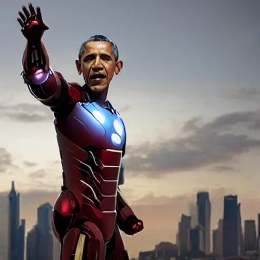 Image similar to obama in ironman suit in powerful pose, photorealistic