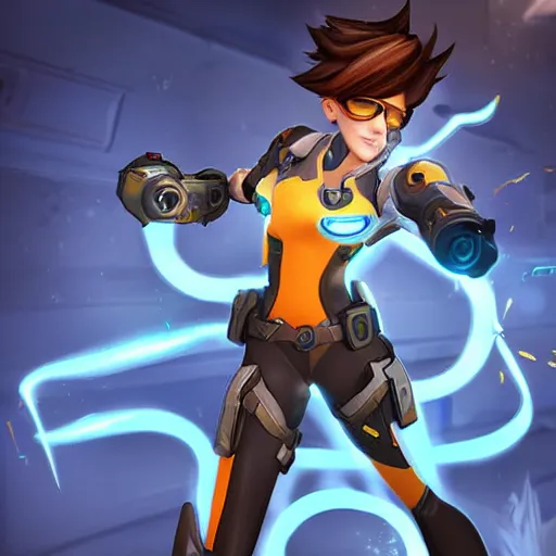 Image similar to beautiful digital artwork of tracer from the game overwatch