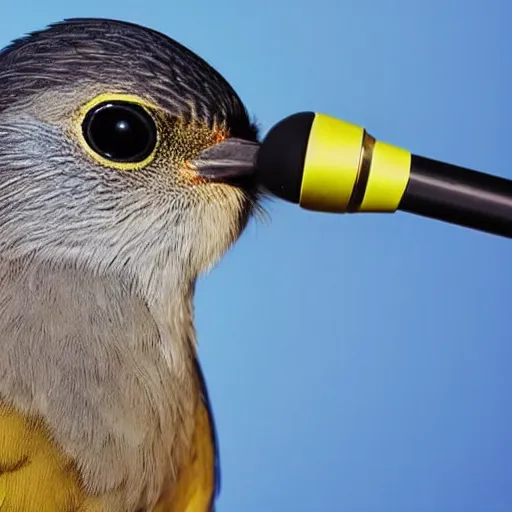 Image similar to A photograph of a bird wearing headphones and speaking into a microphone