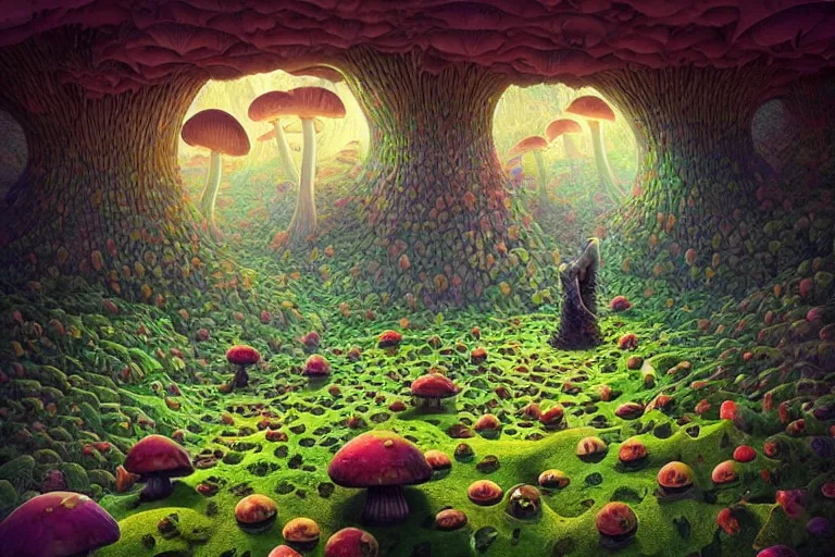 Image similar to surreal glimpse into other universe, stuck in a mushroom cave, summer morning, very coherent and colorful high contrast, art by!!!! gediminas pranckevicius!!!!, geof darrow, dark shadows, hard lighting