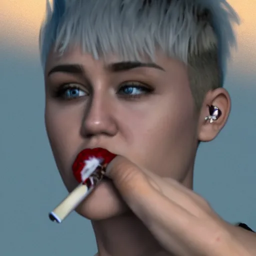 Image similar to Miley Cryus smoking a joint, 8k, realistic, extreme details, detailed, sharp, smoke