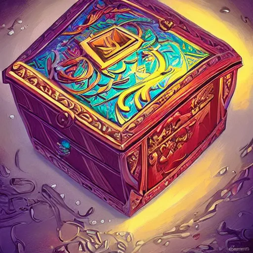 Image similar to a beautiful and vivid and colorful andreas rocha illustration of an engraved, enjeweled wooden pandora's box opening.