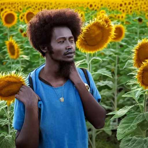 Image similar to east african man with curly hair in a studio ghibli film, animation, field of sunflowers, dreamy, roaming, curious, colorful, intricate details