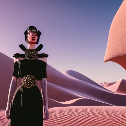 Image similar to avant-garde art, deco fashion, highly detailed, photorealistic portrait, serene desert, afternoon hour, crisp quality and light reflections, unreal engine 5 quality render