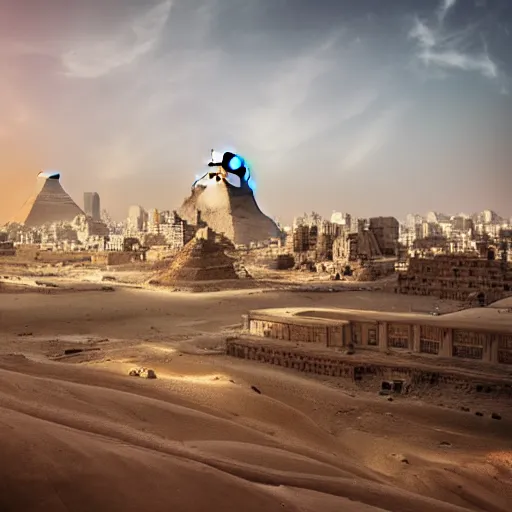 Prompt: a photo of a beautiful intricate futuristic hyper detailed cyber sphynx of egypt, cinematic lighting, taken with tilt shot