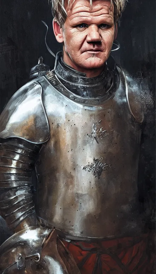 Image similar to Portrait of Gordon Ramsay as a medieval knight, male, detailed face, fantasy, highly detailed, cinematic lighting, digital art painting by greg rutkowski