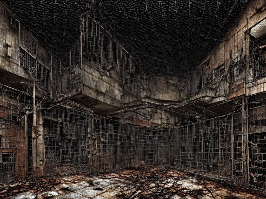 Image similar to An giant underground very gloomy multi-layered structure of rusty thick iron grids, dense chain-link fencing and peeling walls with multiple floors. In the center sits a creepy humanoid with very long limbs. Inside view, collapsed floors, bent rusted iron, masterpiece, macabre, black background, layers, corners, cinematic, hyperdetailed, photorealistic, hyperrealism, octane render, 8k, depth of field, bokeh, architecture, shadows, art by Zdzisław Beksiński, Arthur Rackham, Dariusz Zawadzki