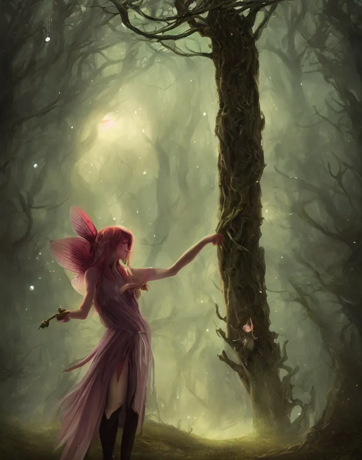 Prompt: magical fairy standing by a mystical tree, trending on artstation, in the style of Lord of the Rings, by Tom Bagshaw