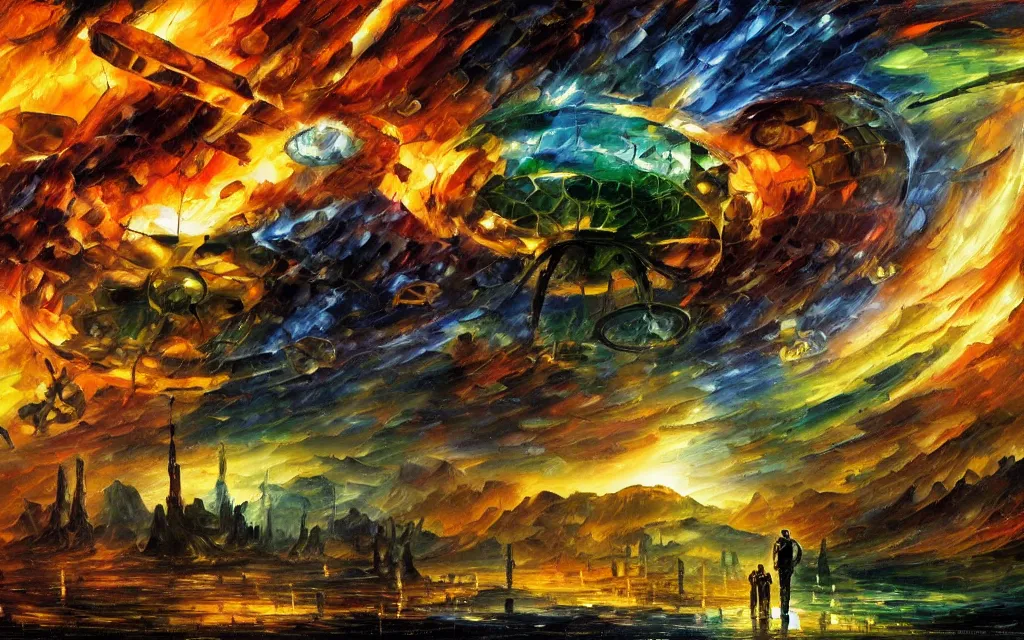 Prompt: complex alien technology in the form of a small device, with multiple small parts and strange symbols by leonid afremov and thomas cole, style of the matrix