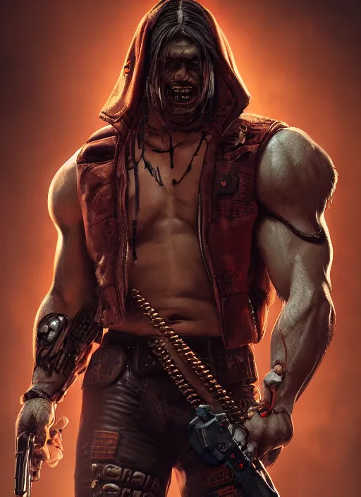 Prompt: cyberpunk portrait of muscular demon from doom 3, au naturel, hyper detailed, digital art, trending in artstation, cinematic lighting, studio quality, smooth render, unreal engine 5 rendered, octane rendered, art style by pixar dreamworks warner bros disney red dead redemption far cry doom cyberpunk 2 0 7 7 riot games and overwatch.