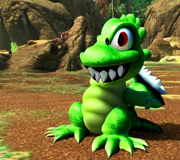 Image similar to yoshi in monster hunter, green dinosaur