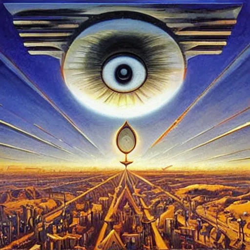 Prompt: Entering the all seeing eye large scale painting by Robert McCall and Vladimir Kush