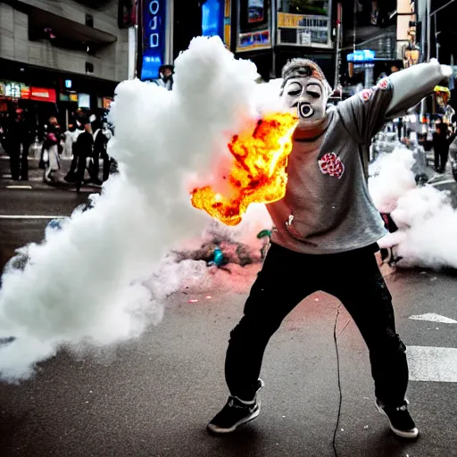 Image similar to marshmellow man in tokio, rampage , chaos in the streets, movie setup, pyro, 8k