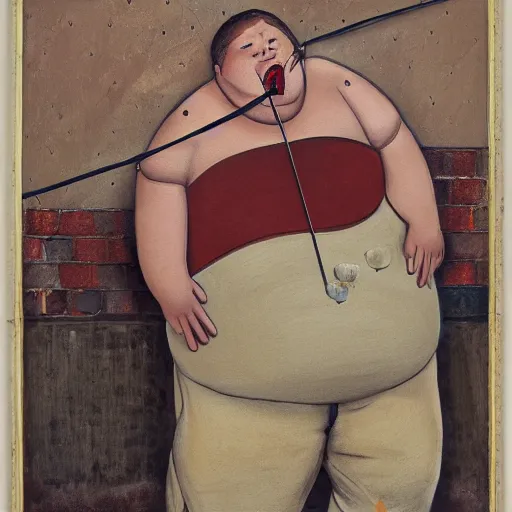 Image similar to an obese man with his mouth stuffed with popsicles mounted on chains and metal spikes by Michael Wheelan