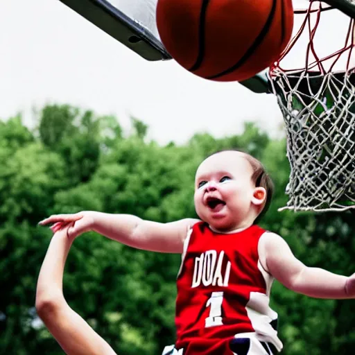 Prompt: a baby dunking a basketball, dramatic action photography