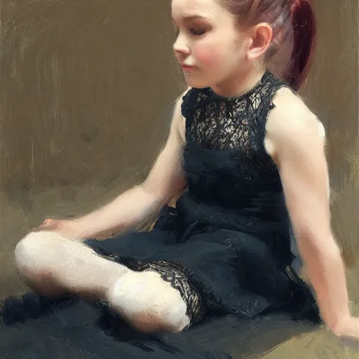 Image similar to girl with pigtails hairstyle, lace dress, reclining pose, jeremy lipking, joseph todorovitch, timothy rees