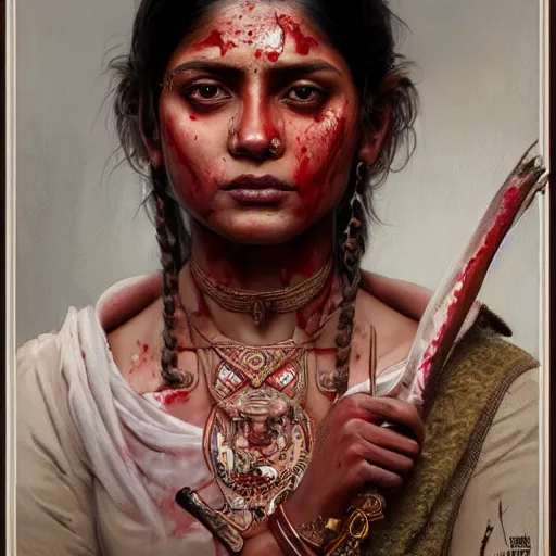 Prompt: portrait painting of a bloodied indian female butcher, ultra realistic, concept art, intricate details, eerie, highly detailed, photorealistic, octane render, 8 k, unreal engine. art by artgerm and greg rutkowski and alphonse mucha