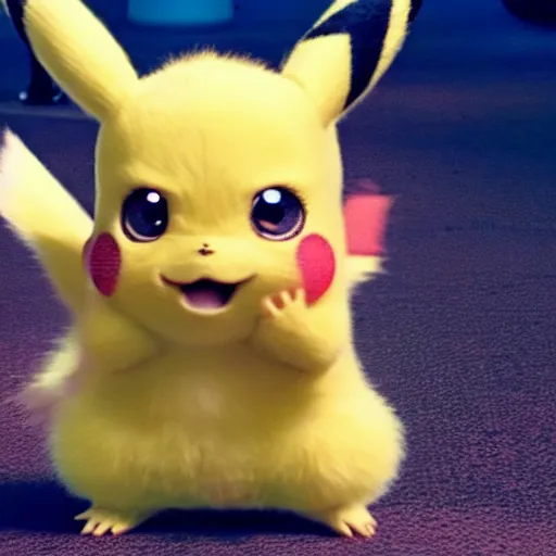 Prompt: a film still of baby pikachu in detective pikachu