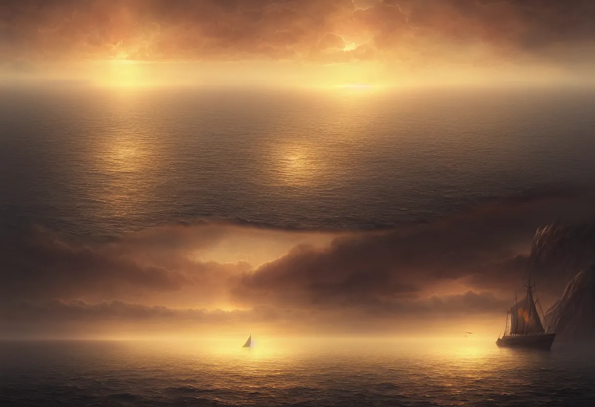 Image similar to strange sea surface of autumn planet at sunset, sailing ship on horizon, ultra high definition, ultra detailed, symmetry, fog, matte painting, by greg rutkowski and ross tran and wlop