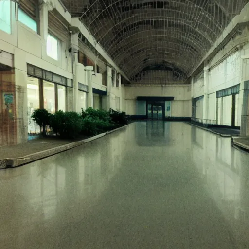 Image similar to Beautiful cameraphone 2000s, soft liminal Photograph of foggy abandoned mall with water on the floor plants growing