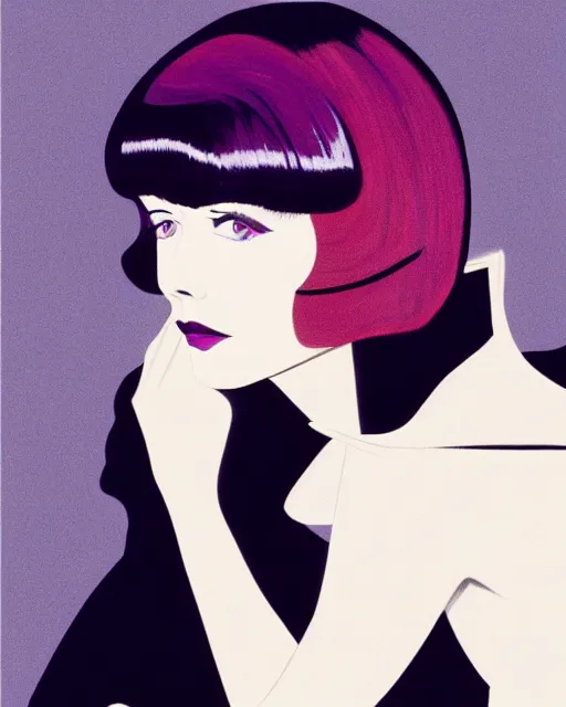 Prompt: colleen moore 5 5 years old, bob haircut, portrait painted by patrick nagel and stanley artgerm, dramatic lighting
