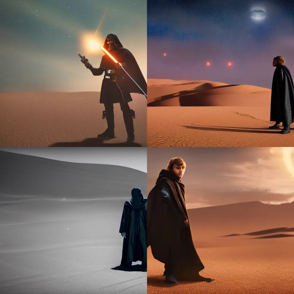 Prompt: anakin skywalker yelling at sand on cold desert night, face lit by blue lightsaber, sparkling stars in the clear sky, jawas watching from the shadows, cinematic, moody, DSLR photo, 4k